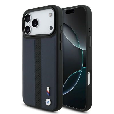Apple iPhone 17 Pro Max Kılıf BMW Orjinal Lisanslı M-safe Şarj Özellikli Deri Arka Yüzey Metal Logolu Delikli Şerit Tasarımlı Kapak - 4