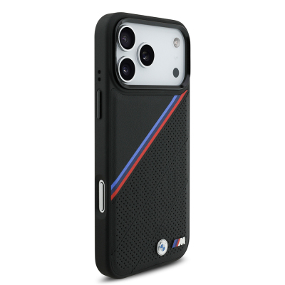 Apple iPhone 17 Pro Max Kılıf BMW Orjinal Lisanslı M-safe Şarj Özellikli M Logolu Üç Şeritli Delikli Deri Kapak - 6