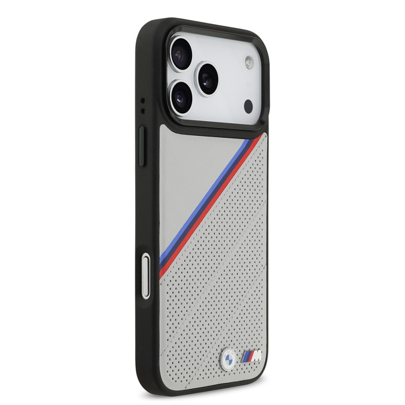 Apple iPhone 17 Pro Max Kılıf BMW Orjinal Lisanslı M-safe Şarj Özellikli M Logolu Üç Şeritli Delikli Deri Kapak - 12
