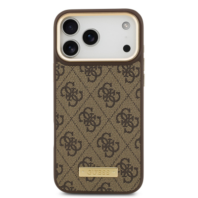 Apple iPhone 17 Pro Max Kılıf Guess Orjinal Lisanslı M-safe Şarj Özellikli 4G Desenli PU Metal Plaka Klasik Logolu Kapak - 5