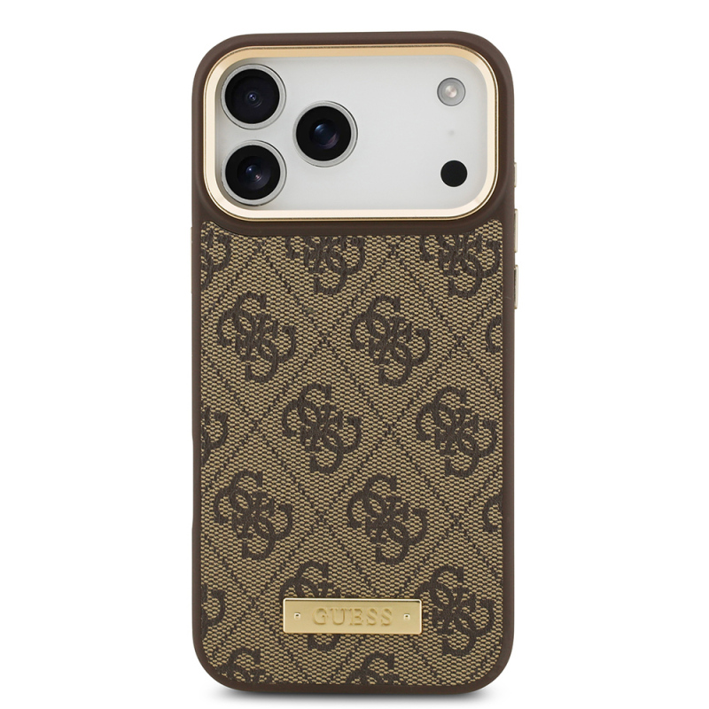 Apple iPhone 17 Pro Max Kılıf Guess Orjinal Lisanslı M-safe Şarj Özellikli 4G Desenli PU Metal Plaka Klasik Logolu Kapak - 5