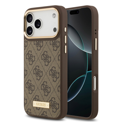 Apple iPhone 17 Pro Max Kılıf Guess Orjinal Lisanslı M-safe Şarj Özellikli 4G Desenli PU Metal Plaka Klasik Logolu Kapak - 1