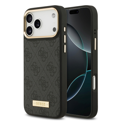 Apple iPhone 17 Pro Max Kılıf Guess Orjinal Lisanslı M-safe Şarj Özellikli 4G Desenli PU Metal Plaka Klasik Logolu Kapak - 3
