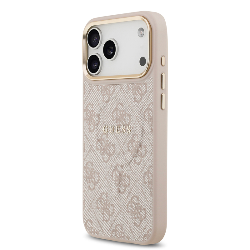 Apple iPhone 17 Pro Max Kılıf Guess Orjinal Lisanslı M-safe Şarj Özellikli Gold Metal Kamera Çerçeveli PU Deri 4G Desenli Yazı Logolu Kapak - 8