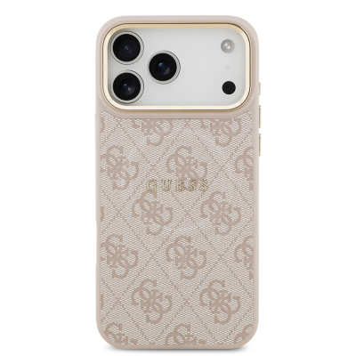 Apple iPhone 17 Pro Max Kılıf Guess Orjinal Lisanslı M-safe Şarj Özellikli Gold Metal Kamera Çerçeveli PU Deri 4G Desenli Yazı Logolu Kapak - 9
