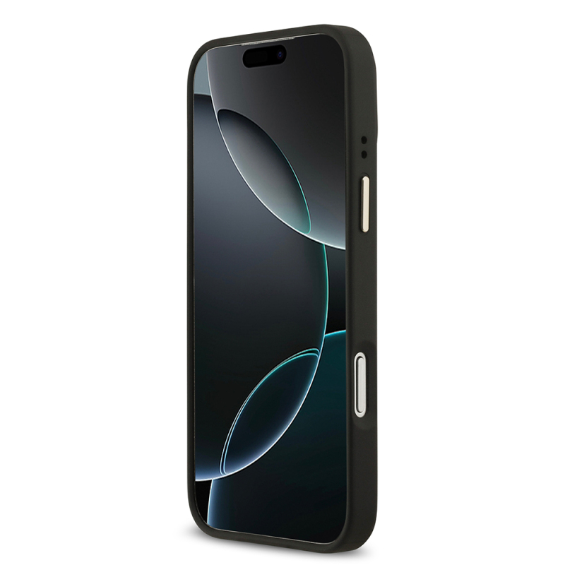 Apple iPhone 17 Pro Max Kılıf Guess Orjinal Lisanslı M-safe Şarj Özellikli Gold Metal Kamera Çerçeveli PU Deri 4G Desenli Yazı Logolu Kapak - 12
