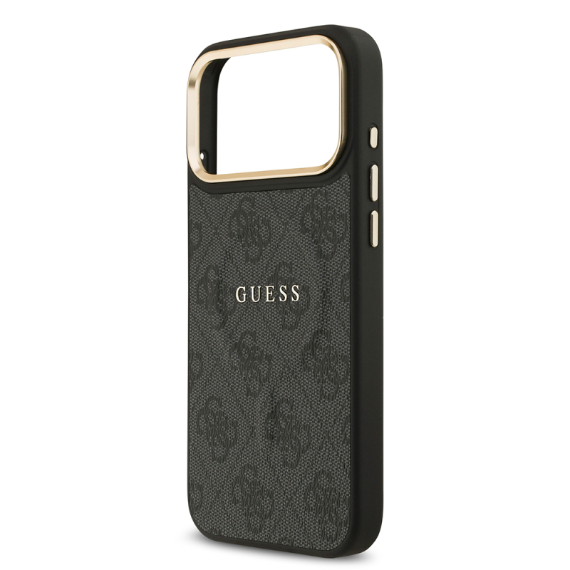 Apple iPhone 17 Pro Max Kılıf Guess Orjinal Lisanslı M-safe Şarj Özellikli Gold Metal Kamera Çerçeveli PU Deri 4G Desenli Yazı Logolu Kapak - 13
