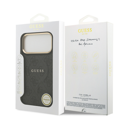 Apple iPhone 17 Pro Max Kılıf Guess Orjinal Lisanslı M-safe Şarj Özellikli Gold Metal Kamera Çerçeveli PU Deri 4G Desenli Yazı Logolu Kapak - 24