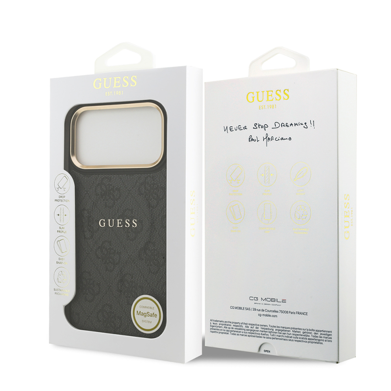 Apple iPhone 17 Pro Max Kılıf Guess Orjinal Lisanslı M-safe Şarj Özellikli Gold Metal Kamera Çerçeveli PU Deri 4G Desenli Yazı Logolu Kapak - 24