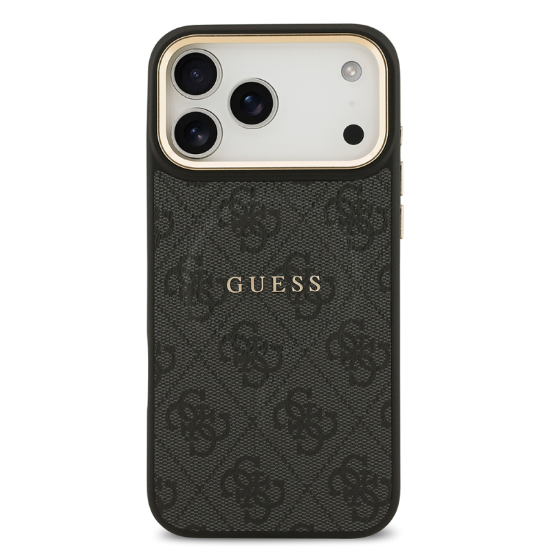 Apple iPhone 17 Pro Max Kılıf Guess Orjinal Lisanslı M-safe Şarj Özellikli Gold Metal Kamera Çerçeveli PU Deri 4G Desenli Yazı Logolu Kapak - 16