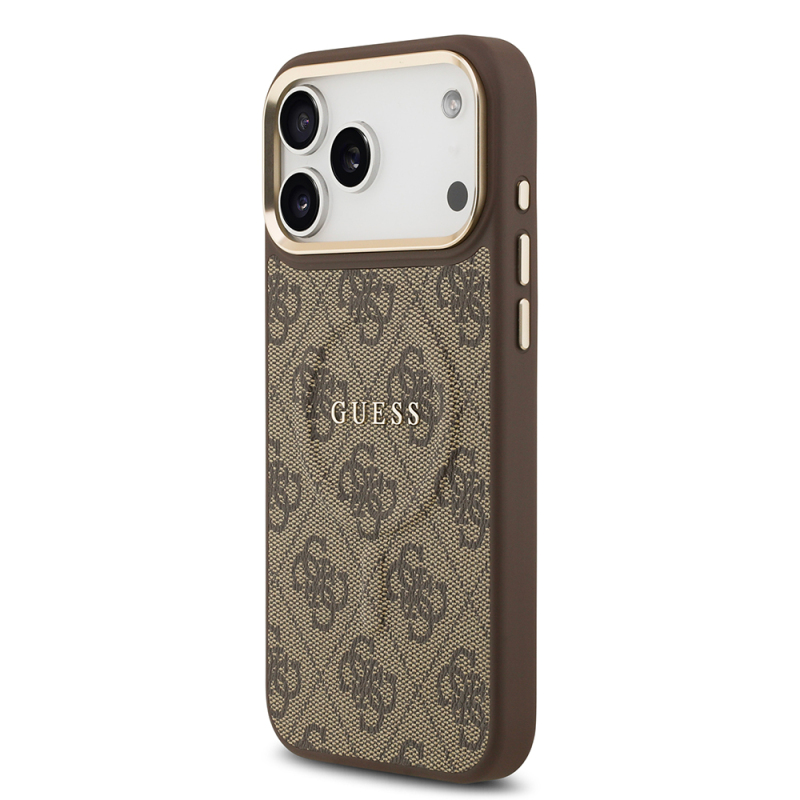 Apple iPhone 17 Pro Max Kılıf Guess Orjinal Lisanslı M-safe Şarj Özellikli Gold Metal Kamera Çerçeveli PU Deri 4G Desenli Yazı Logolu Kapak - 17