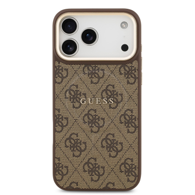 Apple iPhone 17 Pro Max Kılıf Guess Orjinal Lisanslı M-safe Şarj Özellikli Gold Metal Kamera Çerçeveli PU Deri 4G Desenli Yazı Logolu Kapak - 18