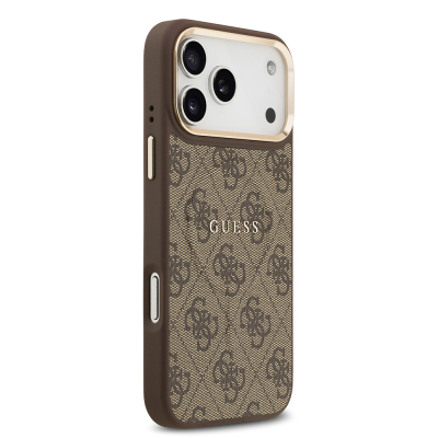 Apple iPhone 17 Pro Max Kılıf Guess Orjinal Lisanslı M-safe Şarj Özellikli Gold Metal Kamera Çerçeveli PU Deri 4G Desenli Yazı Logolu Kapak - 19