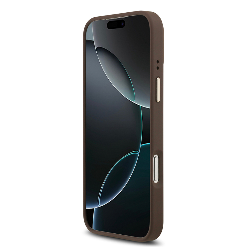 Apple iPhone 17 Pro Max Kılıf Guess Orjinal Lisanslı M-safe Şarj Özellikli Gold Metal Kamera Çerçeveli PU Deri 4G Desenli Yazı Logolu Kapak - 20