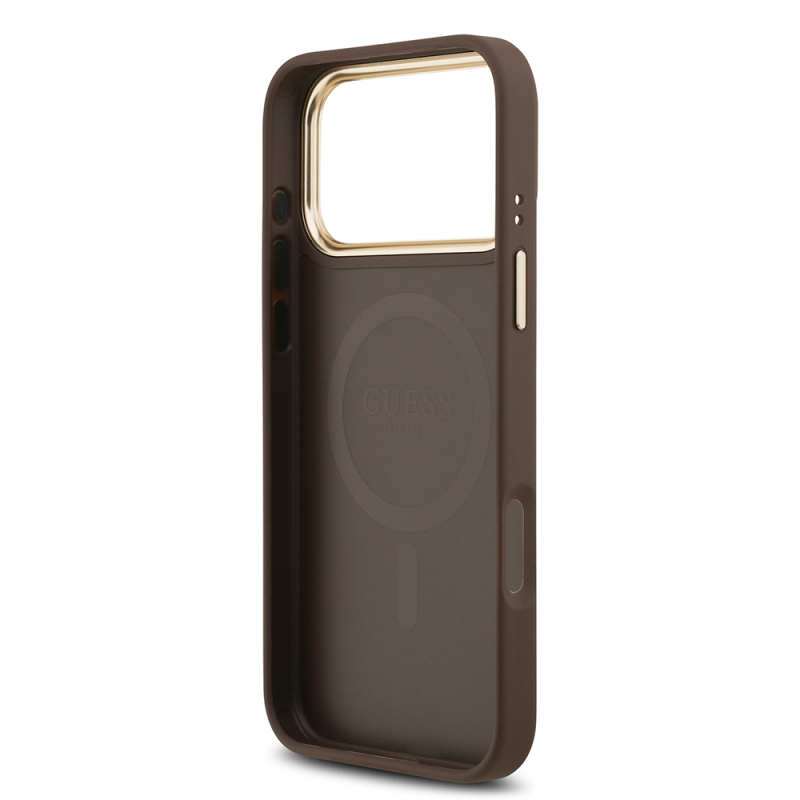 Apple iPhone 17 Pro Max Kılıf Guess Orjinal Lisanslı M-safe Şarj Özellikli Gold Metal Kamera Çerçeveli PU Deri 4G Desenli Yazı Logolu Kapak - 22