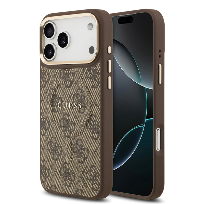 Apple iPhone 17 Pro Max Kılıf Guess Orjinal Lisanslı M-safe Şarj Özellikli Gold Metal Kamera Çerçeveli PU Deri 4G Desenli Yazı Logolu Kapak - 4