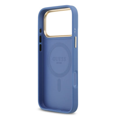 Apple iPhone 17 Pro Max Kılıf Guess Orjinal Lisanslı M-safe Şarj Özellikli Gold Metal Kamera Çerçeveli PU Deri 4G Desenli Yazı Logolu Kapak - 32