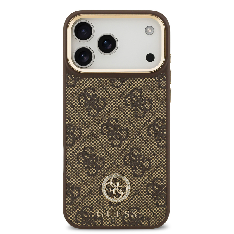 Apple iPhone 17 Pro Max Kılıf Guess Orjinal Lisanslı M-safe Şarj Özellikli Gold Metal Kamera Çerçeveli Taşlı 4G Logolu Kapak - 5