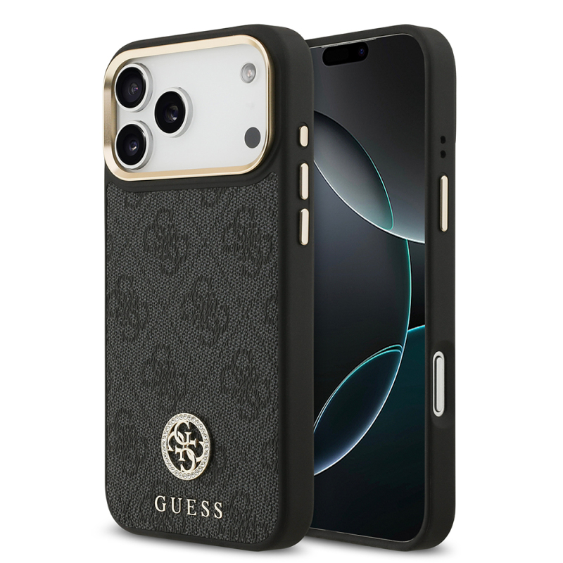Apple iPhone 17 Pro Max Kılıf Guess Orjinal Lisanslı M-safe Şarj Özellikli Gold Metal Kamera Çerçeveli Taşlı 4G Logolu Kapak - 3