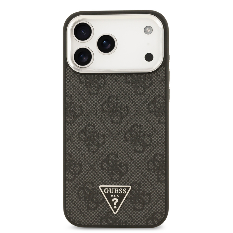Apple iPhone 17 Pro Max Kılıf Guess Orjinal Lisanslı M-safe Şarj Özellikli Gold Metal Kamera Çerçeveli Taşlı Üçgen Logo 4G Desenli Kapak - 5