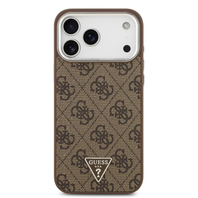 Apple iPhone 17 Pro Max Kılıf Guess Orjinal Lisanslı M-safe Şarj Özellikli Gold Metal Kamera Çerçeveli Taşlı Üçgen Logo 4G Desenli Kapak - 12