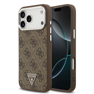 Apple iPhone 17 Pro Max Kılıf Guess Orjinal Lisanslı M-safe Şarj Özellikli Gold Metal Kamera Çerçeveli Taşlı Üçgen Logo 4G Desenli Kapak - 3