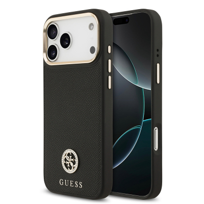 Apple iPhone 17 Pro Max Kılıf Guess Orjinal Lisanslı M-safe Şarj Özellikli Grained Yazı ve Taşlı 4G Logolu Kapak - 1