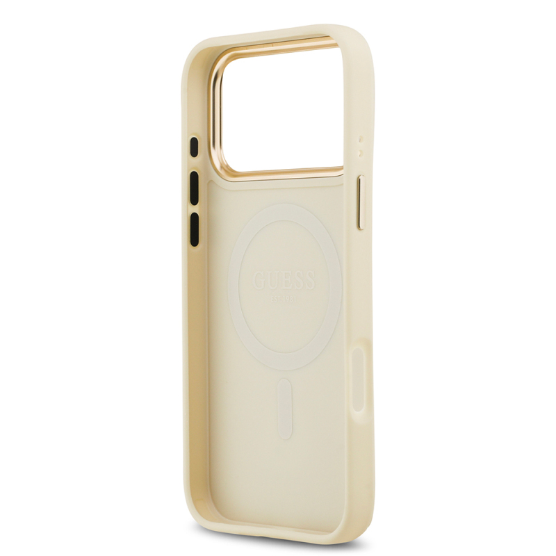 Apple iPhone 17 Pro Max Kılıf Guess Orjinal Lisanslı M-safe Şarj Özellikli Grained Yazı ve Taşlı 4G Logolu Kapak - 17