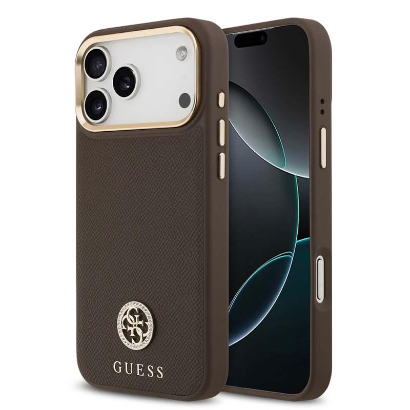 Apple iPhone 17 Pro Max Kılıf Guess Orjinal Lisanslı M-safe Şarj Özellikli Grained Yazı ve Taşlı 4G Logolu Kapak - 8