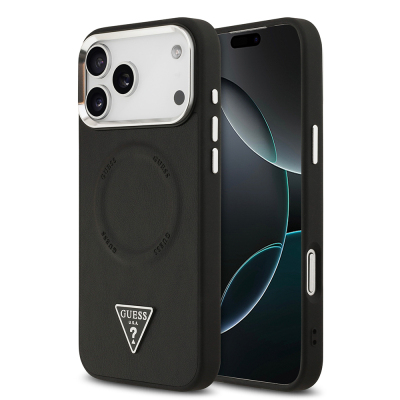 Apple iPhone 17 Pro Max Kılıf Guess Orjinal Lisanslı M-safe Şarj Özellikli PU Deri Metal Kamera Çerçeveli Üçgen Logolu Kapak - 1