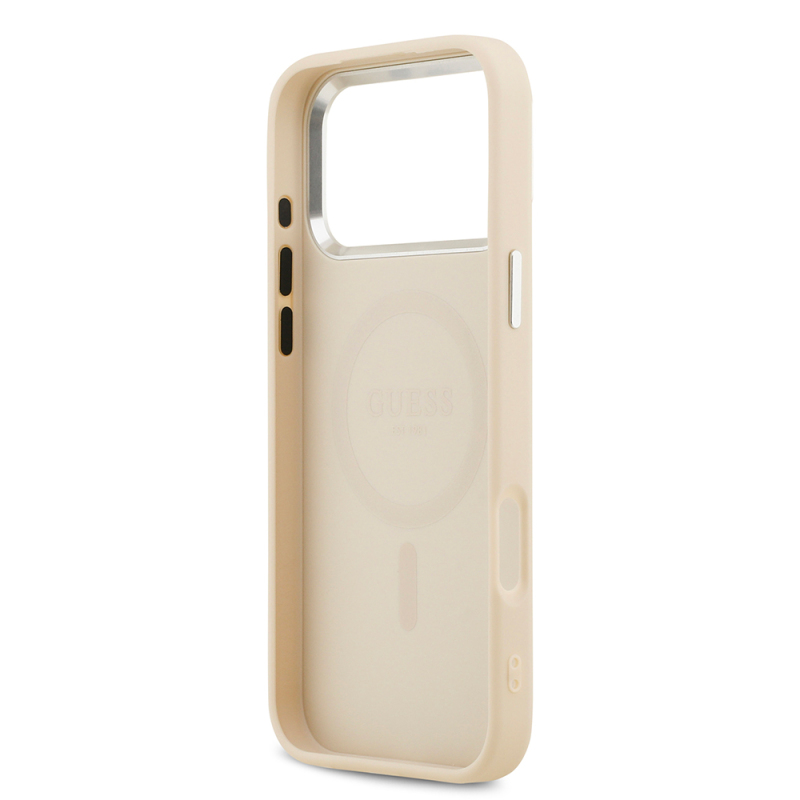 Apple iPhone 17 Pro Max Kılıf Guess Orjinal Lisanslı M-safe Şarj Özellikli Sıcak Baskılı Klasik Yazı Logolu PU Deri Peony Kapak - 17