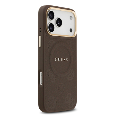 Apple iPhone 17 Pro Max Kılıf Guess Orjinal Lisanslı M-safe Şarj Özellikli Sıcak Baskılı Yazı Logolu PU Deri Peony Kapak - 13