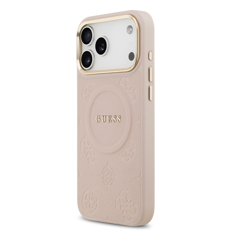 Apple iPhone 17 Pro Max Kılıf Guess Orjinal Lisanslı M-safe Şarj Özellikli Sıcak Baskılı Yazı Logolu PU Deri Peony Kapak - 17