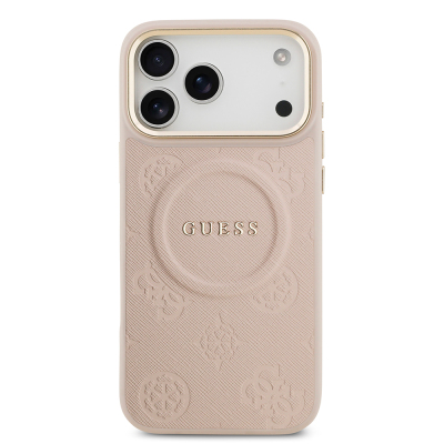 Apple iPhone 17 Pro Max Kılıf Guess Orjinal Lisanslı M-safe Şarj Özellikli Sıcak Baskılı Yazı Logolu PU Deri Peony Kapak - 18
