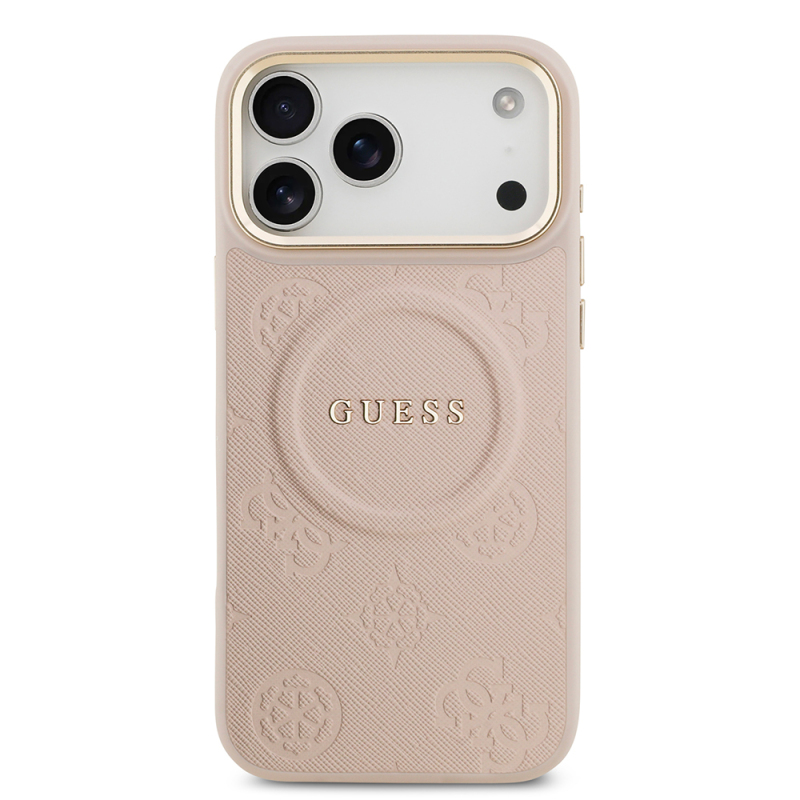 Apple iPhone 17 Pro Max Kılıf Guess Orjinal Lisanslı M-safe Şarj Özellikli Sıcak Baskılı Yazı Logolu PU Deri Peony Kapak - 18