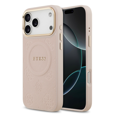 Apple iPhone 17 Pro Max Kılıf Guess Orjinal Lisanslı M-safe Şarj Özellikli Sıcak Baskılı Yazı Logolu PU Deri Peony Kapak - 4
