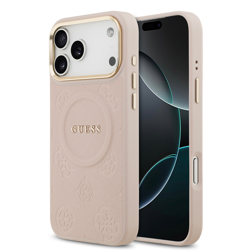 Apple iPhone 17 Pro Max Kılıf Guess Orjinal Lisanslı M-safe Şarj Özellikli Sıcak Baskılı Yazı Logolu PU Deri Peony Kapak - 4