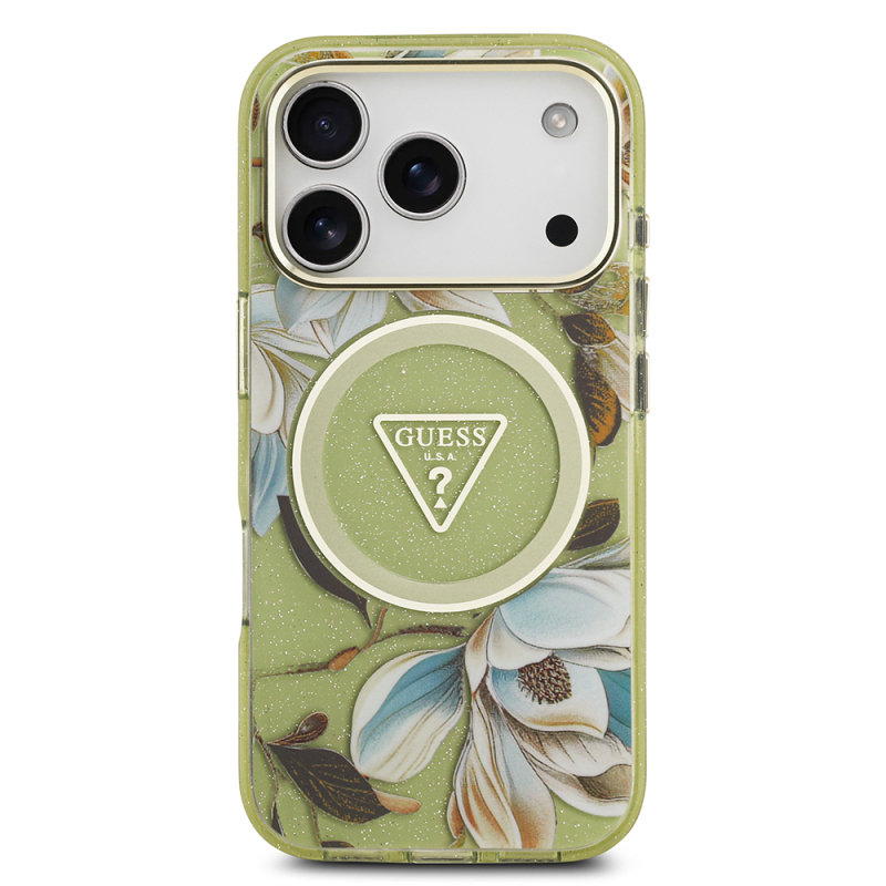Apple iPhone 17 Pro Max Kılıf Guess Orjinal Lisanslı M-safe Şarj Özellikli Simli Çiçek Desenli Metal Kamera Çerçeveli Üçgen Logolu Kapak - 19