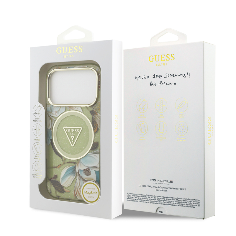 Apple iPhone 17 Pro Max Kılıf Guess Orjinal Lisanslı M-safe Şarj Özellikli Simli Çiçek Desenli Metal Kamera Çerçeveli Üçgen Logolu Kapak - 31