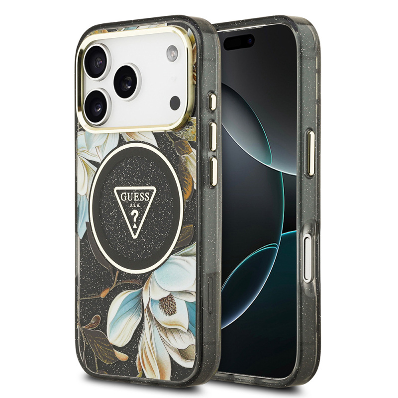 Apple iPhone 17 Pro Max Kılıf Guess Orjinal Lisanslı M-safe Şarj Özellikli Simli Çiçek Desenli Metal Kamera Çerçeveli Üçgen Logolu Kapak - 5