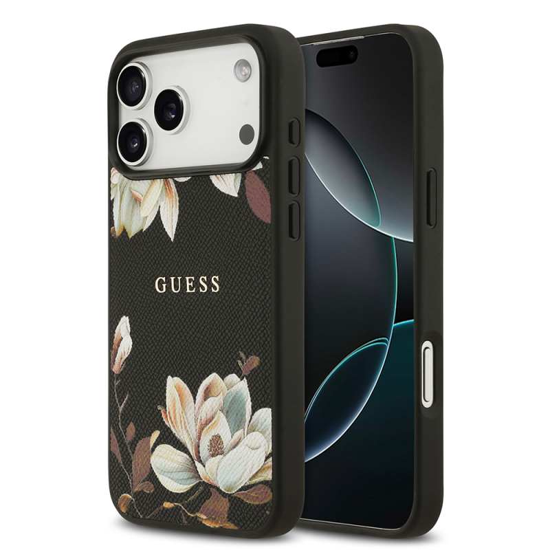 Apple iPhone 17 Pro Max Kılıf Guess Orjinal Lisanslı M-safe Şarj Özellikli Taneli Çiçek Tasarımlı Metal Yazı Logolu Kapak - 1