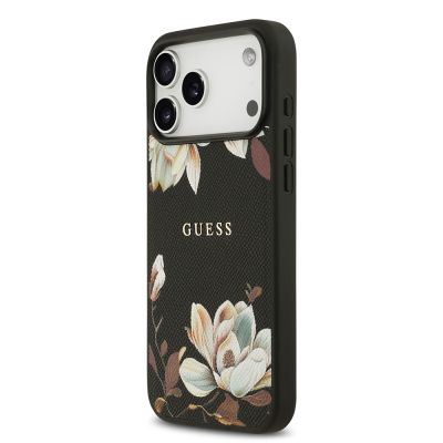 Apple iPhone 17 Pro Max Kılıf Guess Orjinal Lisanslı M-safe Şarj Özellikli Taneli Çiçek Tasarımlı Metal Yazı Logolu Kapak - 3