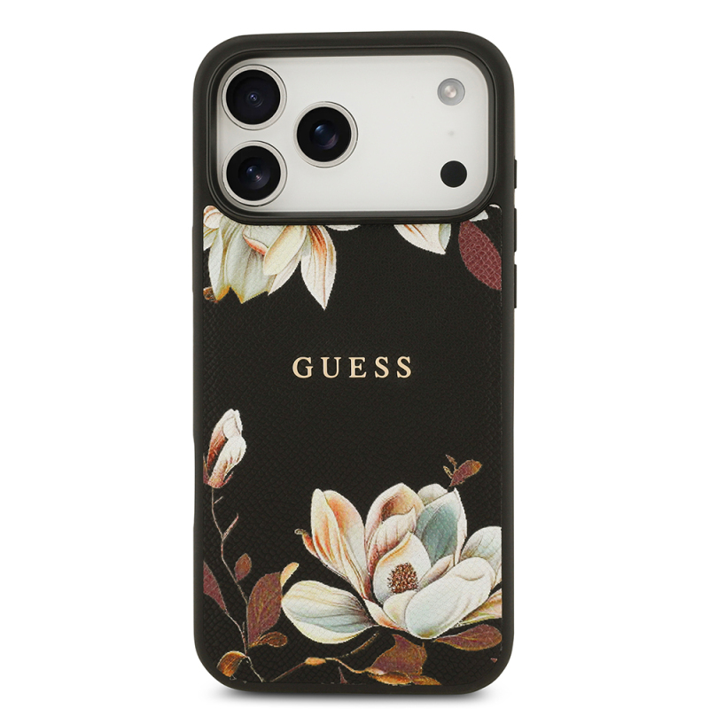 Apple iPhone 17 Pro Max Kılıf Guess Orjinal Lisanslı M-safe Şarj Özellikli Taneli Çiçek Tasarımlı Metal Yazı Logolu Kapak - 4