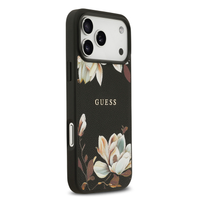Apple iPhone 17 Pro Max Kılıf Guess Orjinal Lisanslı M-safe Şarj Özellikli Taneli Çiçek Tasarımlı Metal Yazı Logolu Kapak - 5