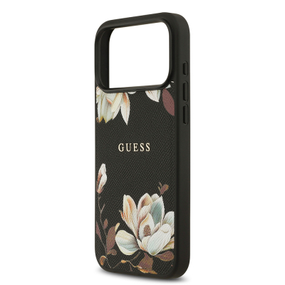 Apple iPhone 17 Pro Max Kılıf Guess Orjinal Lisanslı M-safe Şarj Özellikli Taneli Çiçek Tasarımlı Metal Yazı Logolu Kapak - 7