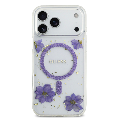 Apple iPhone 17 Pro Max Kılıf Guess Orjinal Lisanslı M-safe Şarj Özellikli Transparan Resin Flowers Kapak - 5