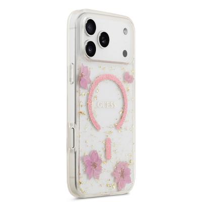 Apple iPhone 17 Pro Max Kılıf Guess Orjinal Lisanslı M-safe Şarj Özellikli Transparan Resin Flowers Kapak - 12