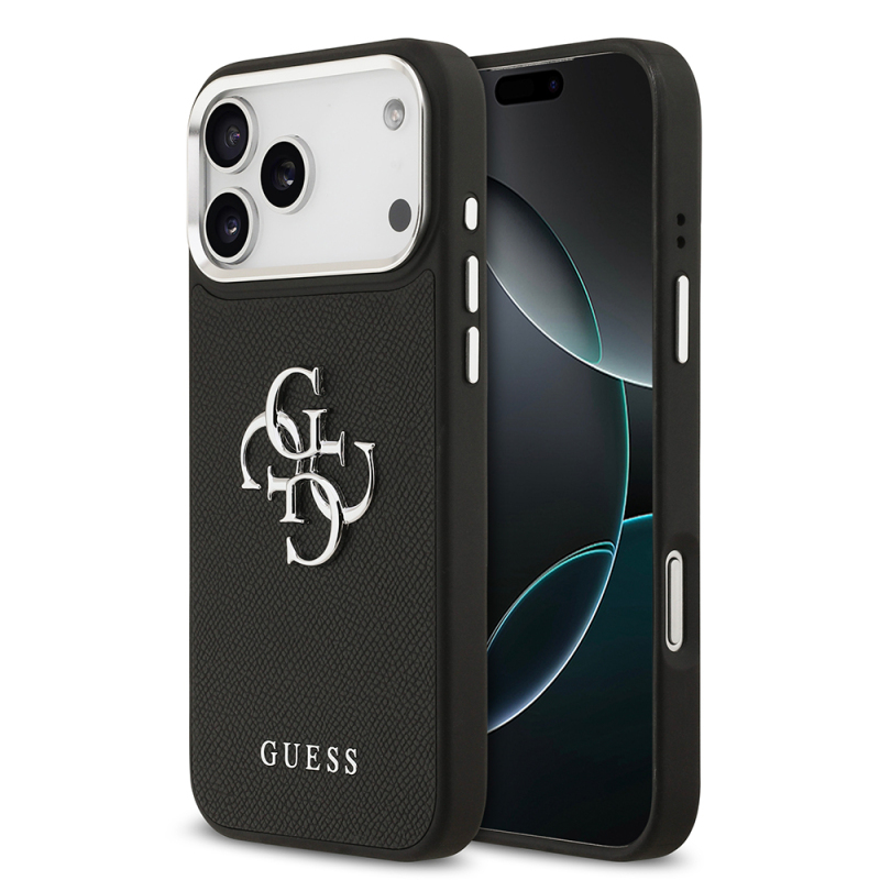 Apple iPhone 17 Pro Max Kılıf Guess Orjinal Lisanslı Metal Kamera Çerçeveli Metal Büyük 4G ve Yazı Logolu PU Deri Kapak - 1