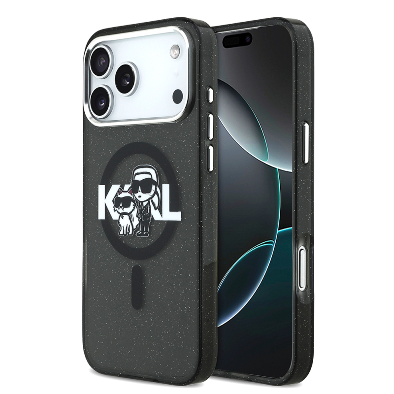 Apple iPhone 17 Pro Max Kılıf Karl Lagerfeld Orjinal Lisanslı Parlayan Simli Karl & Choupette Sketch Logo Kapak - 1