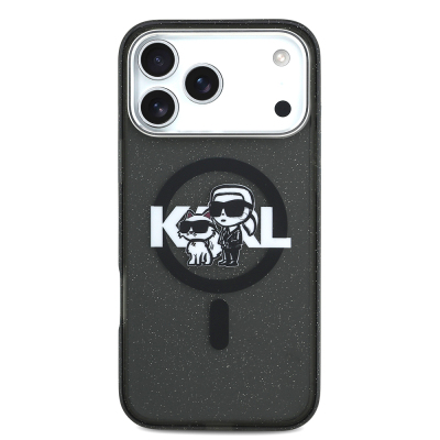 Apple iPhone 17 Pro Max Kılıf Karl Lagerfeld Orjinal Lisanslı Parlayan Simli Karl & Choupette Sketch Logo Kapak - 4